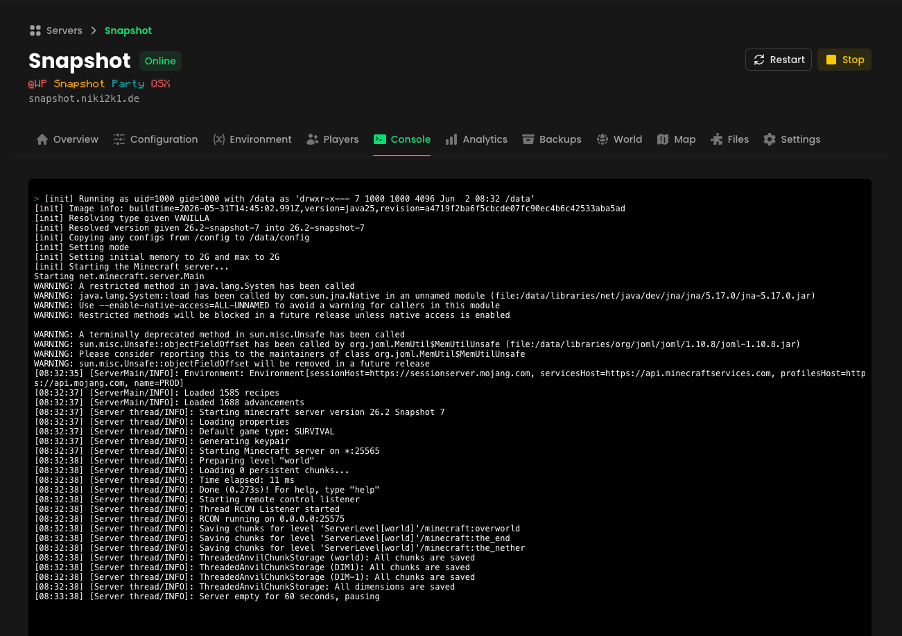 Console tab streaming live server logs