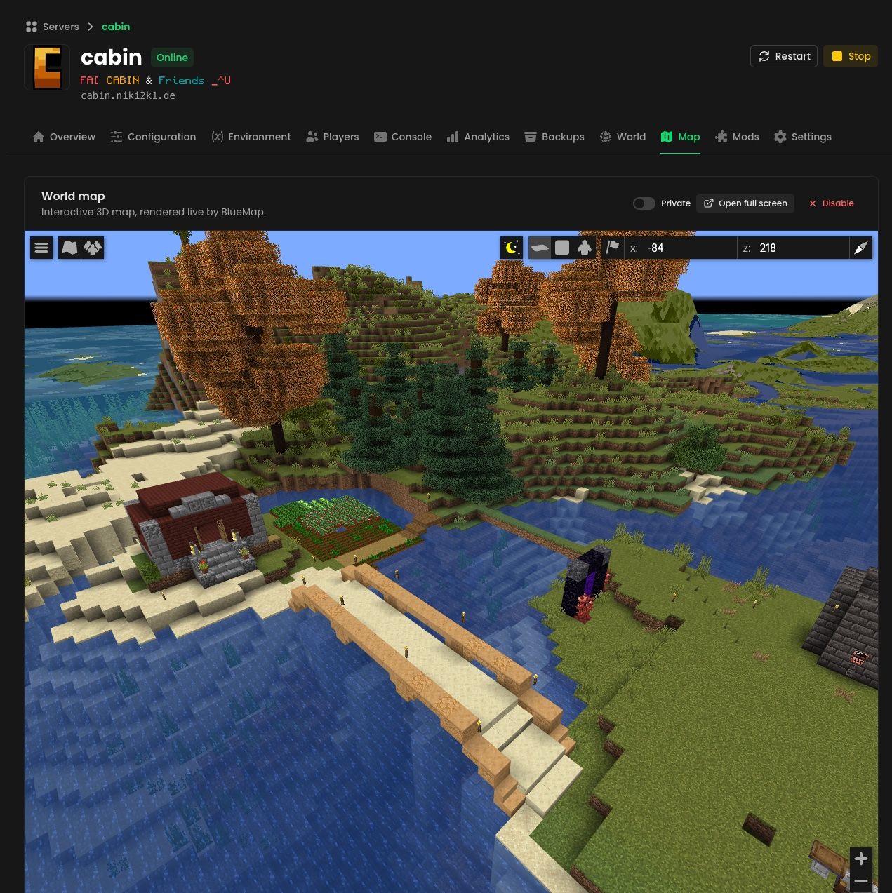 Interactive BlueMap 3D world map embedded in the dashboard