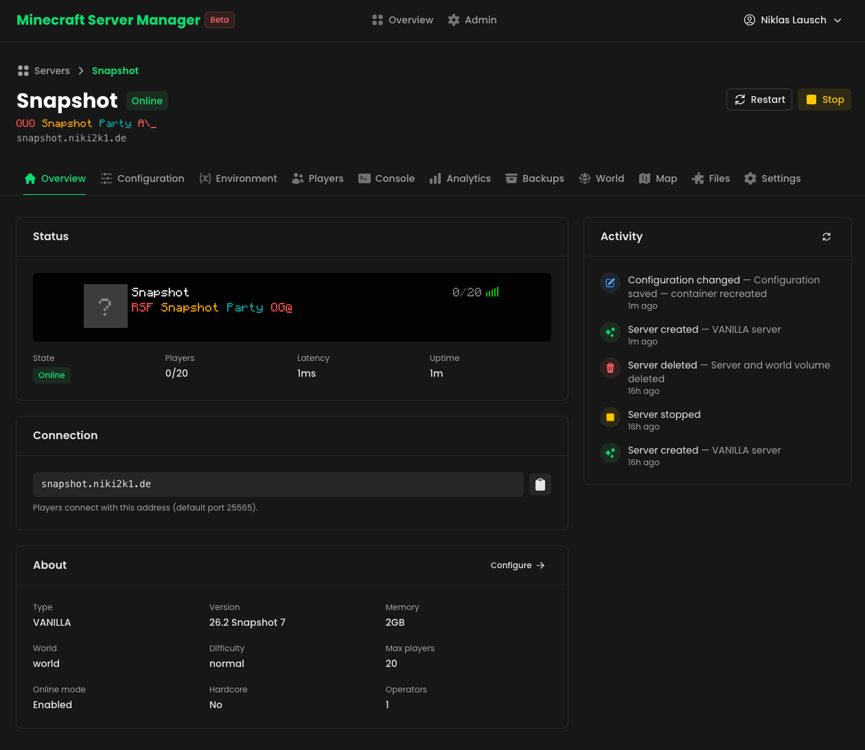 Server overview page with live status, connection info, config summary and activity feed